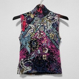 FUZZI floral print stretchy tulle mesh turtleneck, sleeveless, cropped top sz XL